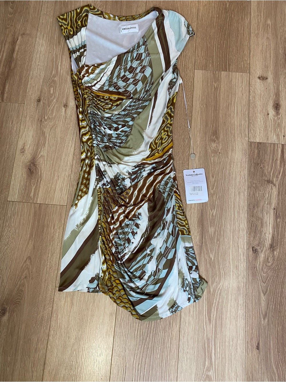 Emilio Pucci Olive, Brown & White Ruched Printed Mini Dress